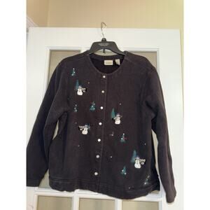 Classic Elements Black Pearl Snap Snowman Embroidered Sweater Christmas XL
